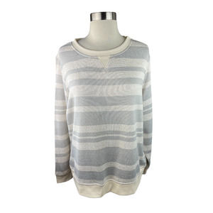 L.L. Bean L Gray Cream Lightweight Sweater Fleece Top Long Sleeve Stripe